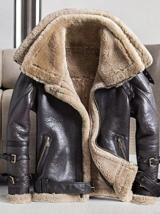 Women's Aviator RAF Bomber Flying leather Jacket Double Collar Shearling Coat